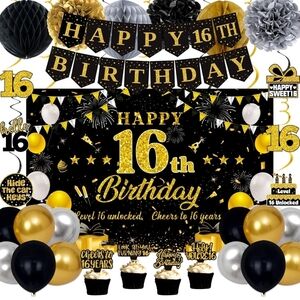 Gold and Black Birthday Party Decoration Set 16th Birthday Brand New